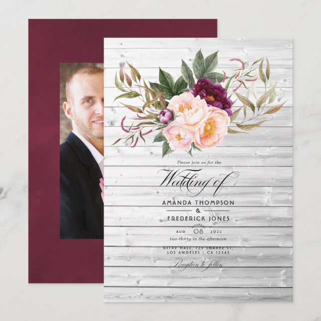 Convites Bordô - Casamento Floral Rústico com Marsala e Pês (Frente/Verso)