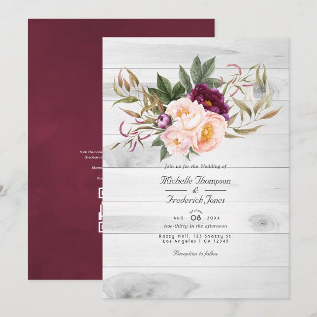 Convites Bordô - Casamento Floral Rústico com Marsala e Pês (Frente/Verso)