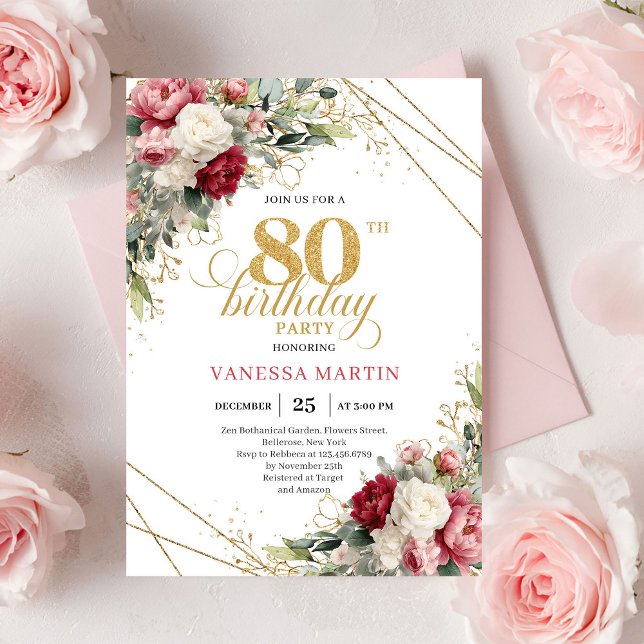 Convites Bordô desabrochar floral elegante design 80º  (Burgundy blush floral elegant gold design 80th birthday invitation

)