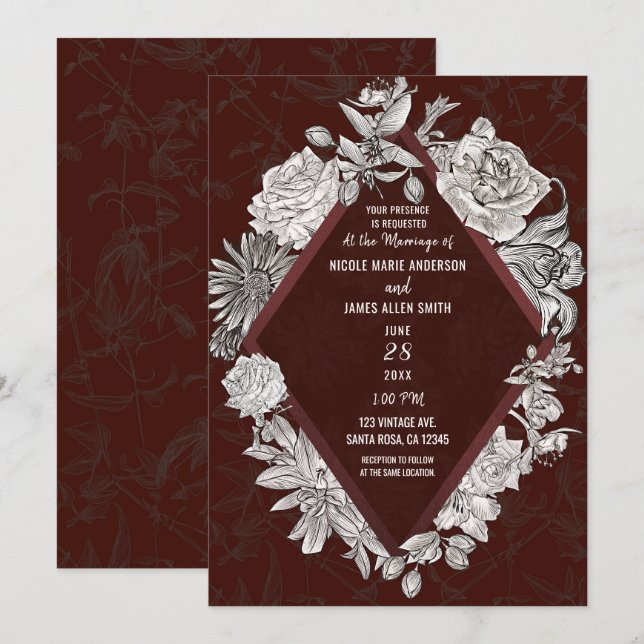Convites Bordô Diamante Flores Antigas Casamento (Frente/Verso)