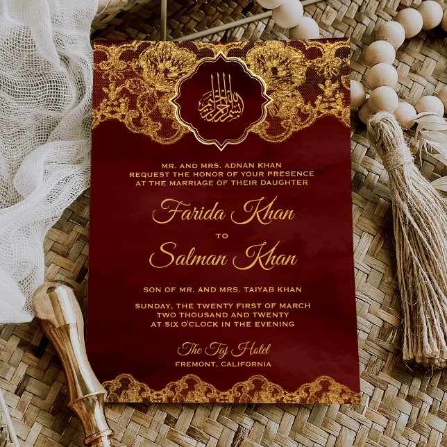 Convites Bordô Dourado com Folha de Lace Casamento Islâmico (Criador carregado)