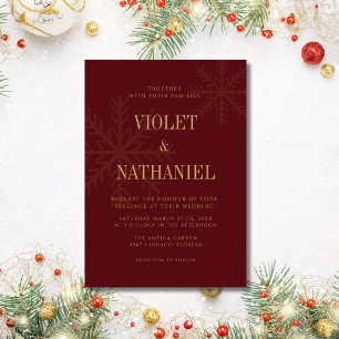 Convites Bordô Dourado Elegante Floco de Neve Natal Casamen