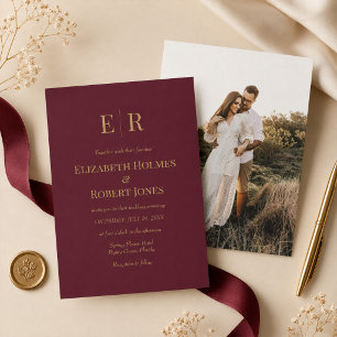 Convites Bordô Dourado Monograma Personalizado com Foto Cas