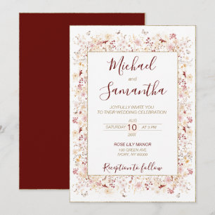 Convites Bordô e Bege Flores Silvestres Casamento