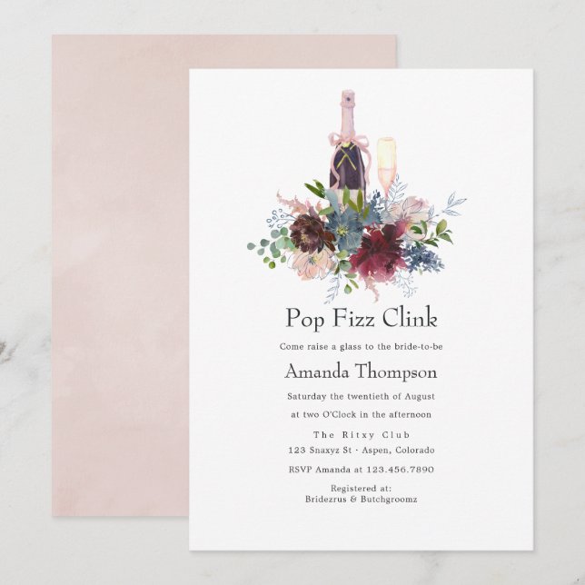 Convites Bordô e floral rosa bridal Pop Fizz Clink (Frente/Verso)