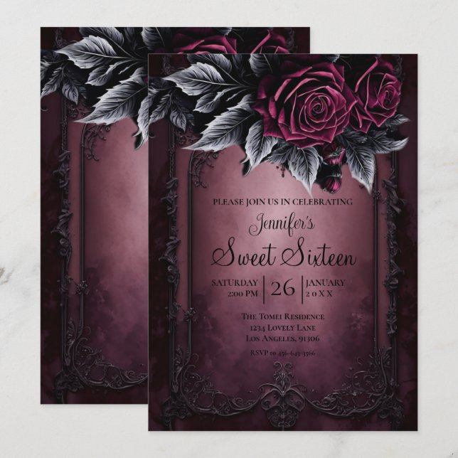 Convites Bordô Escuro Floral Gótico Sweet 16 (Frente/Verso)