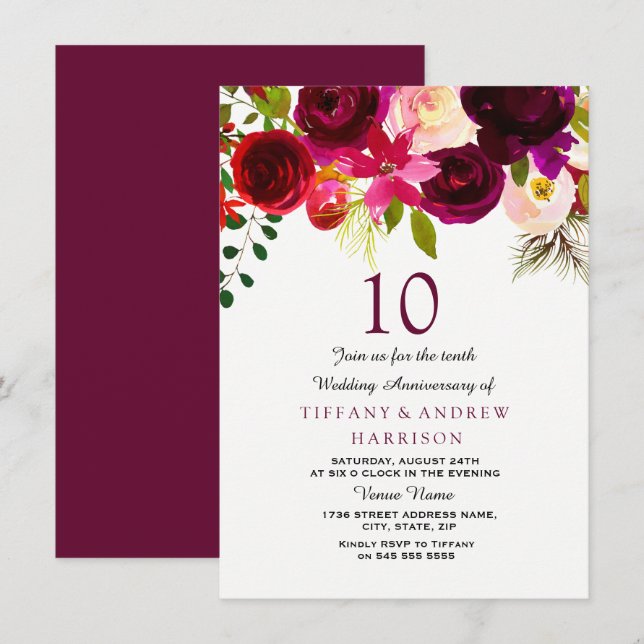 Convites Bordô Floral Boho 10º Aniversário de Casamento (Frente/Verso)