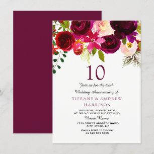 Convites Bordô Floral Boho 10º Aniversário de Casamento
