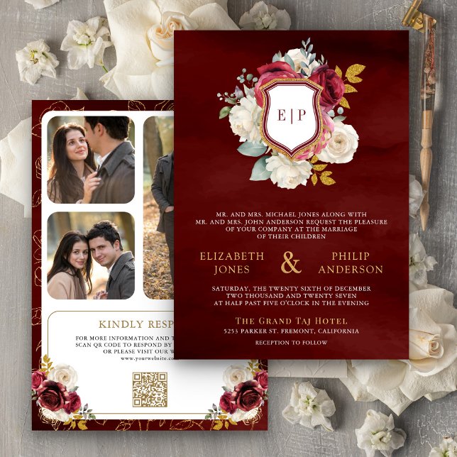 Convites Bordô Floral Código QR Foto Brasão Casamento (Criador carregado)
