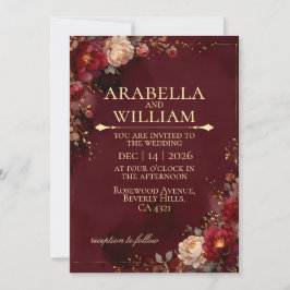 Convites Bordô Floral Quadro Dourado Luxo Casamento