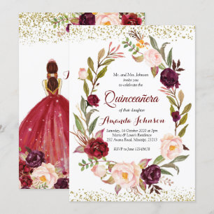 Convites Bordô Marsala Princesa Quinceañera Espanhol