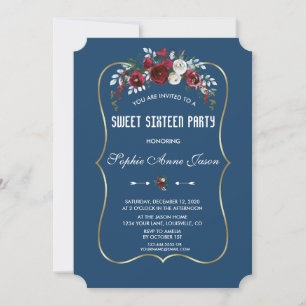 Convites Bordô Naval Floral Pinho Dourado Sweet Sixteen