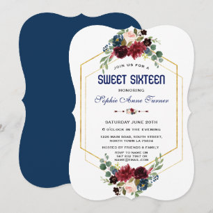 Convites Bordô Navy Floral Dourado Quadro Hexagonal Sweet 1