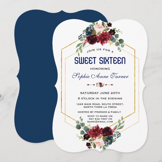 Convites Bordô Navy Floral Dourado Quadro Hexagonal Sweet 1 (Frente/Verso)