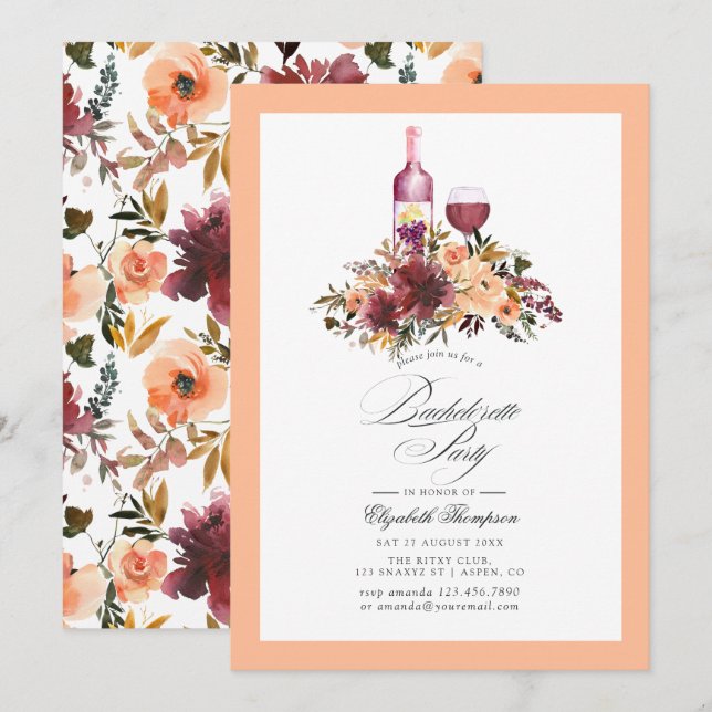 Convites Bordo Peach Fuzz Wine - Festa de solteira temática (Frente/Verso)