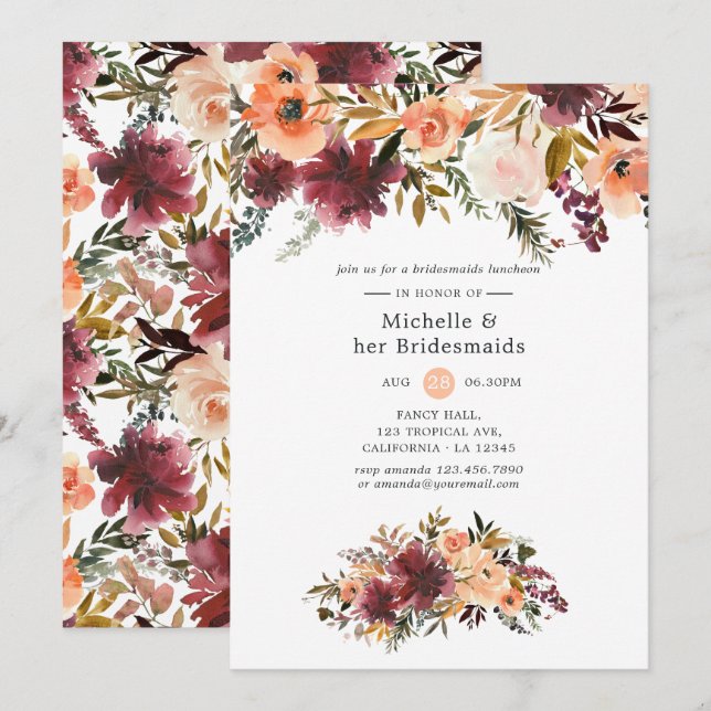 Convites Bordo Peach Watercolor Bridesmaids Luncheids (Frente/Verso)