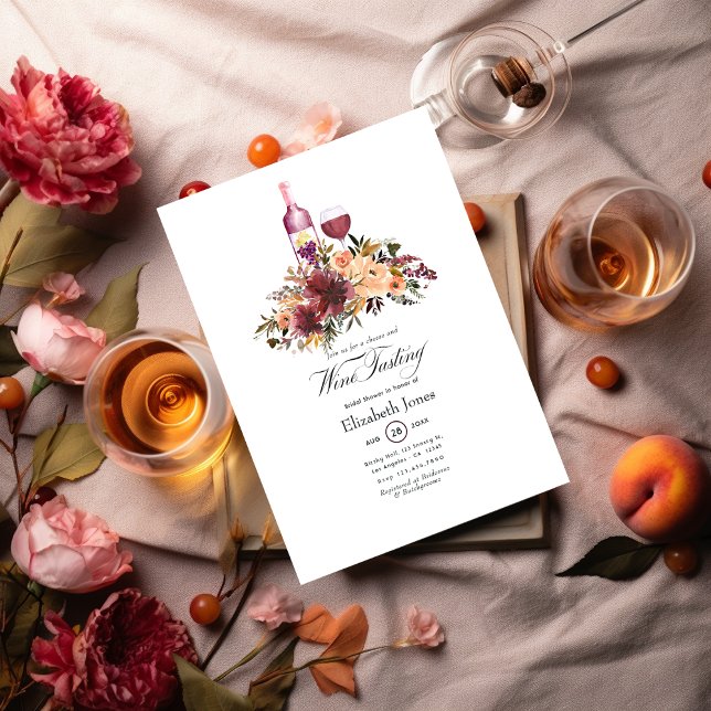 Convites Bordo Pêssego Floral Degustação de Vinho Casamento (Criador carregado)