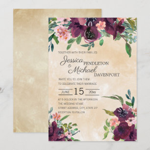 Convites Bordô Rosa Floral Aguarela Verde Salvia Casamento
