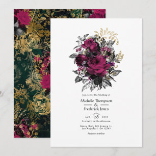 Convites Bordô Vintage - Casamento Floral Marsala e Dourado