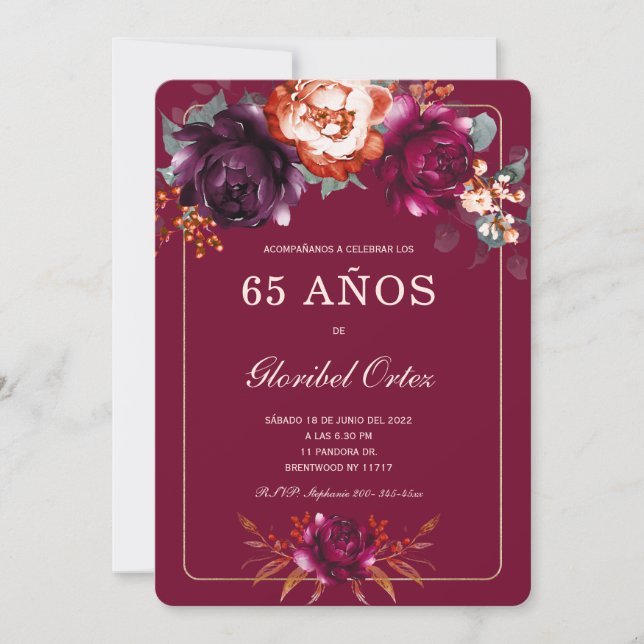 Convites Borgoña 65.ª Ideia de Festa de cumpleaños para (Frente)