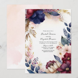 Convites Borgonha, Azul Marinho, Rosa Pêssego Boho Floral C