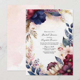 Convites Borgonha, Azul Marinho, Rosa Pêssego Boho Floral C