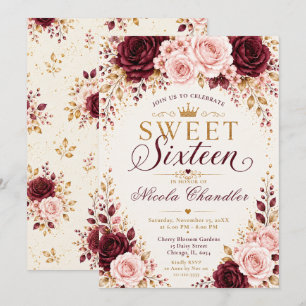 Convites Borgonha, Bege, Champanhe Sweet Sixteen