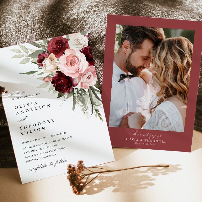 Convites Borgonha Bege Rosa Floral Foto Casamento (burgundy blush pink floral wedding photo invitation, rose invite card, romantic wedding stationery)