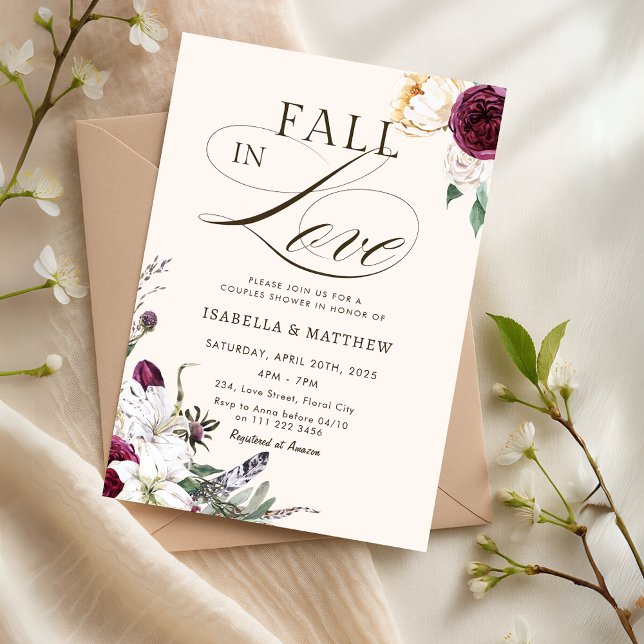 Convites Borgonha Casais Apaixonados Chá de Noiva (Burgundy Fall in Love Couples Wedding Shower Invitation)