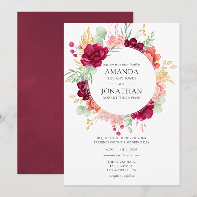 Convites Borgonha - Casamento Floral de Marsala e Blush (Frente/Verso)