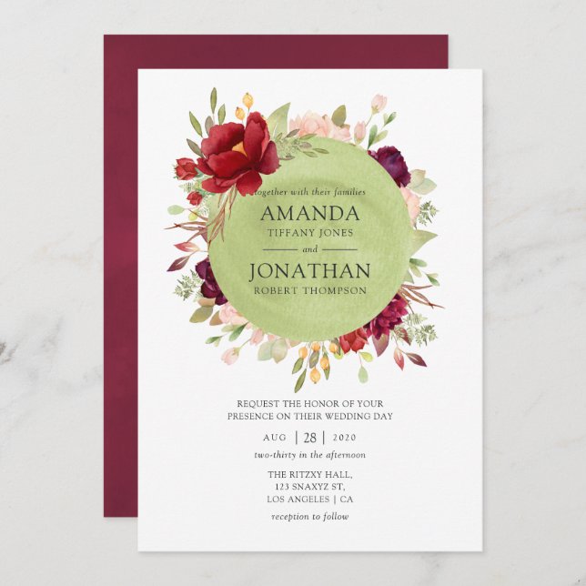 Convites Borgonha - Casamento Floral de Marsala e Blush (Frente/Verso)