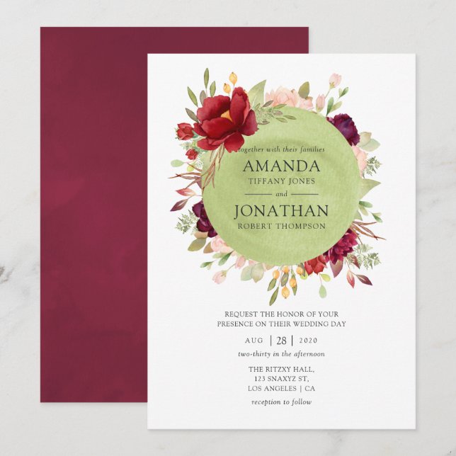Convites Borgonha - Casamento Floral Marsala e Rosa (Frente/Verso)