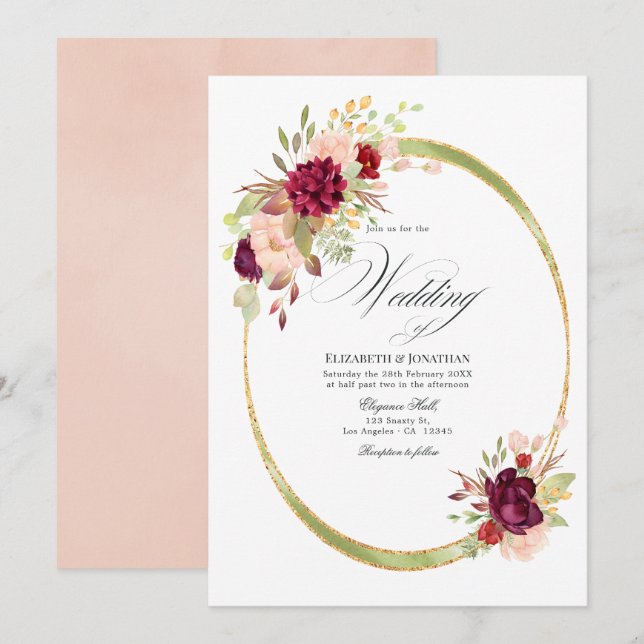 Convites Borgonha - Casamento Geométrico Marsala e Rosa (Frente/Verso)