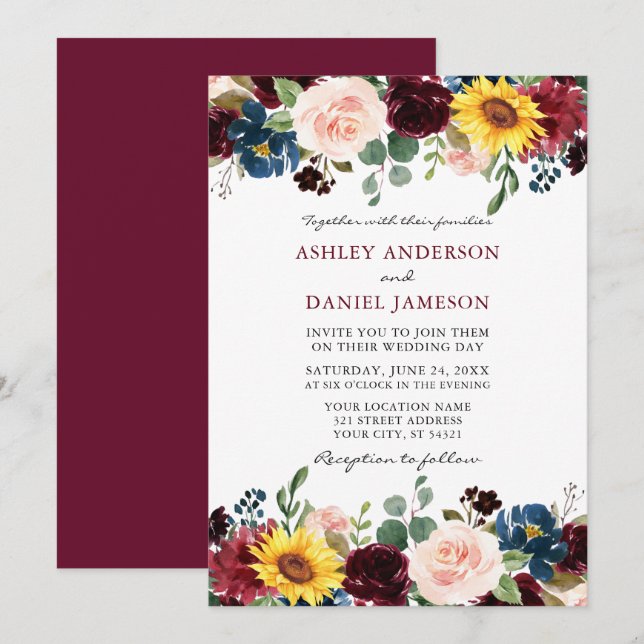 Convites Borgonha De Casamento Floral Mistura Elegante (Frente/Verso)