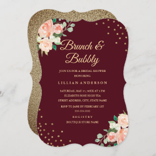 Convites Borgonha Dourada Floral Confetti Brunch e Bubble
