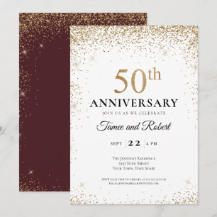 Convites Borgonha Dourado Branco 50º Aniversário de Casamen