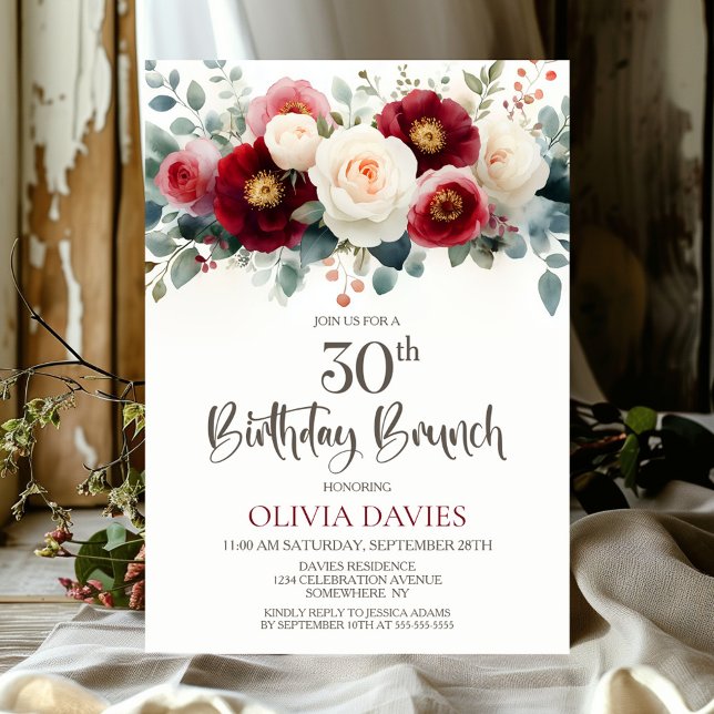 Convites Borgonha e aniversário de 30 anos Floral Branco Br (Criador carregado)