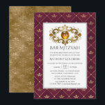 Convites Borgonha e Bar Heráldico Dourado Mitzvah<br><div class="desc">Bar mitzvah da coroa de luxo venenosa,  convite com gemstone monograma e ouro damask reverso.</div>