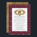 Convites Borgonha e Bar Heráldico Dourado Mitzvah<br><div class="desc">Bar mitzvah da coroa de luxo venenosa,  convite com gemstone monograma e ouro damask reverso.</div>