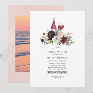 Convites Borgonha e Bege Floral Celebração da Vida com Vinh