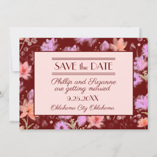Convites Borgonha e Bege Save the Date Floral Vintage