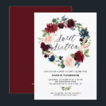 Convites Borgonha e Blue Floral Wreath Doce Dezesseis<br><div class="desc">Burgundy e Blue Floral Wreath Doce 16 Convite. Convide familiares e amigos para a sua doce festa de 16 anos com este convite feminino e rústico. Este convite personalizável apresenta uma camada floral de cor d'água de flores azuis, burgundy, vermelhas e escamosas com folhagem. Este convite floral é perfeito para...</div>