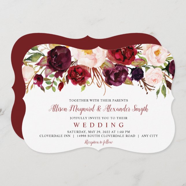 Convites Borgonha e Blush Blooms aquarela floral (Frente/Verso)