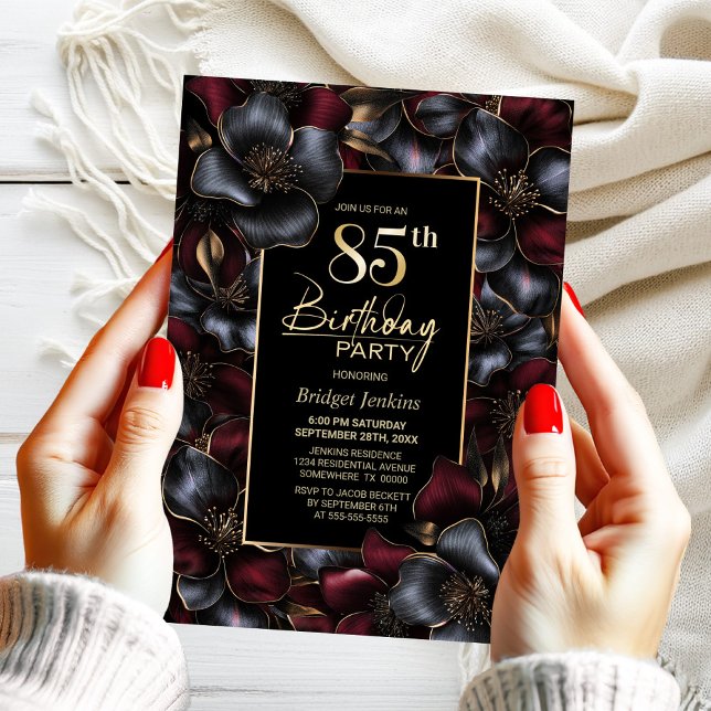 Convites Borgonha e Cinza 85ª Festa de aniversário Floral (Criador carregado)