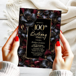 Convites Borgonha e Cinza Floral 100ª Festa de aniversário