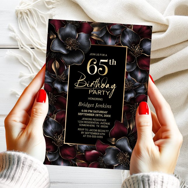 Convites Borgonha e Cinza Floral 65ª Festa de aniversário (Criador carregado)