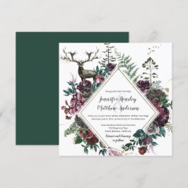 Convites Borgonha e Cinza Floral com Stag e Greenery|