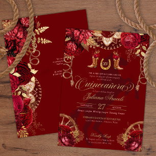 Convites Borgonha e Dourada Elegante Floral Charro Quincean