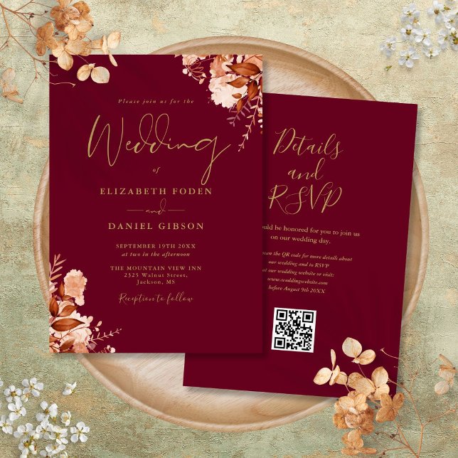 Convites Borgonha e Dourado Código QR Casamento de Outono (Burgundy And Gold QR Code Fall Wedding Invitation)