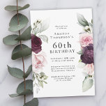 Convites Borgonha e Elegante Floral Rosa 60º Aniversário<br><div class="desc">Celebrar um aniversário especial com este belo convite de festas com bordas florais em burgundy e rosas cor-de-rosa em cada lado do texto elegantemente colocado. As cores incluem o rosa pálido pincelado, vermelho enterrado profundo e ameixa misturados com verde etéreo e minúsculas flores brancas de sotaque. Personalize o modelo de...</div>